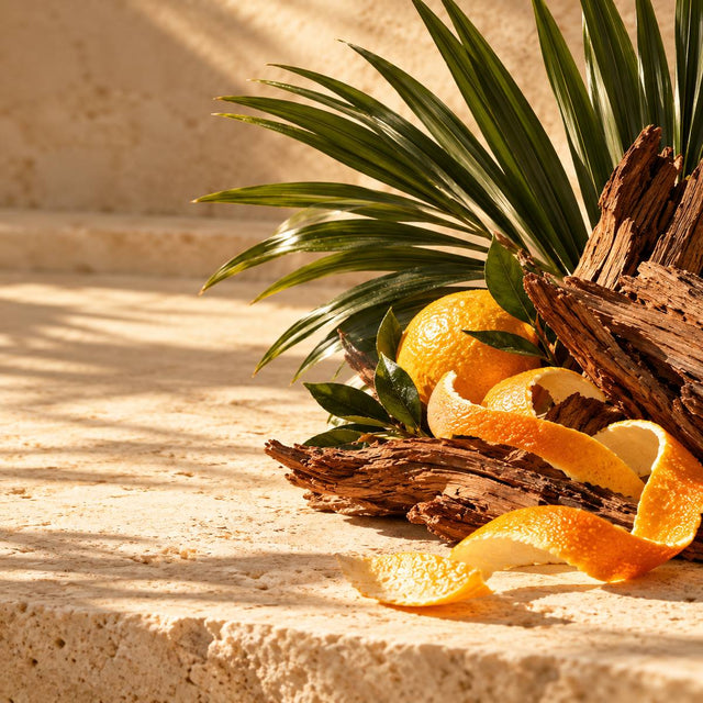 Michel Girard — original RichandLuxe perfumer editorial still-life on warm ivory stone
