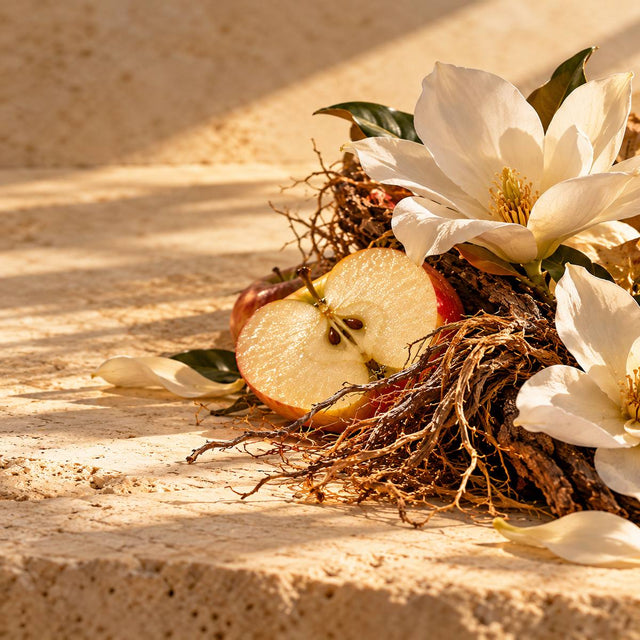 Nathalie Feisthauer — original RichandLuxe perfumer editorial still-life on warm ivory stone
