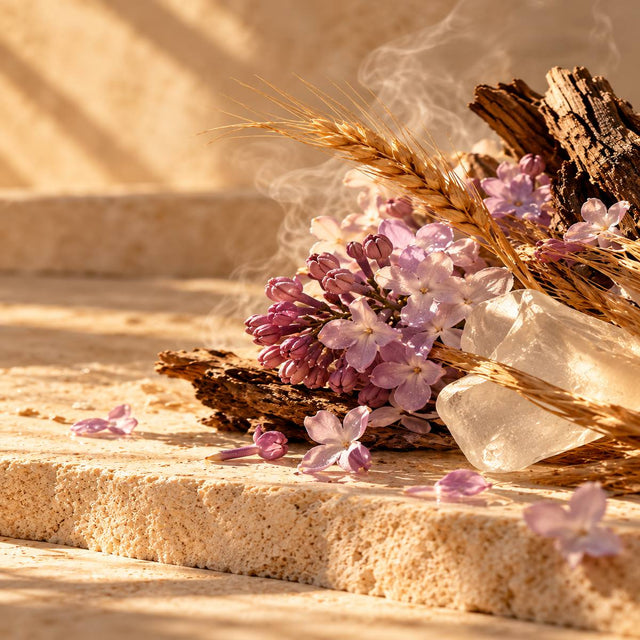 Olivia Giacobetti — original RichandLuxe perfumer editorial still-life on warm ivory stone