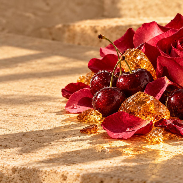 Shadi Samra — original RichandLuxe perfumer editorial still-life on warm ivory stone