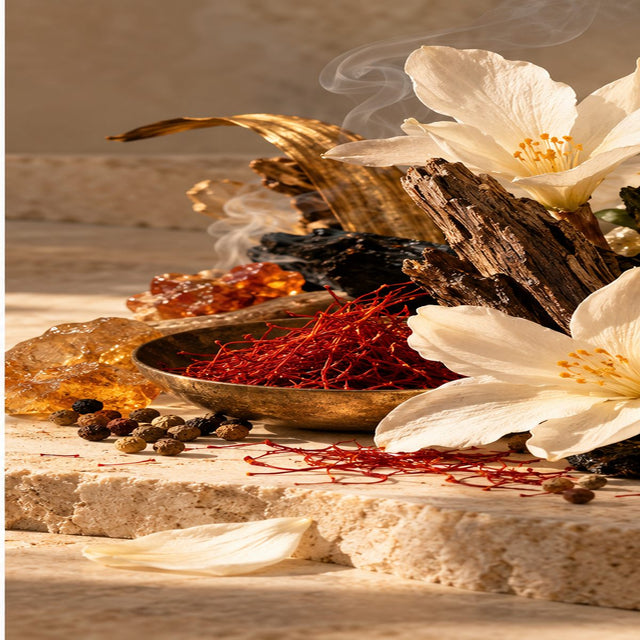 RichandLuxe editorial still life of incense, saffron, woods and white flowers for Cecile Zarokian