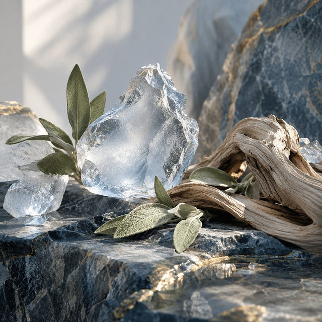 Editorial artwork for Chiaki Nomura: Antarctic ice-like translucent frosted glass, sage leaves and pale driftwood on blue-gray stone, quiet cool light.