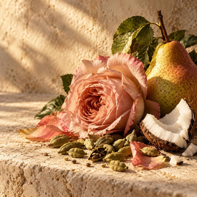 Christine Hassan — original RichandLuxe perfumer editorial still-life on warm ivory stone