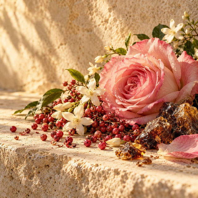 Claire Chambert — original RichandLuxe perfumer editorial still-life on warm ivory stone