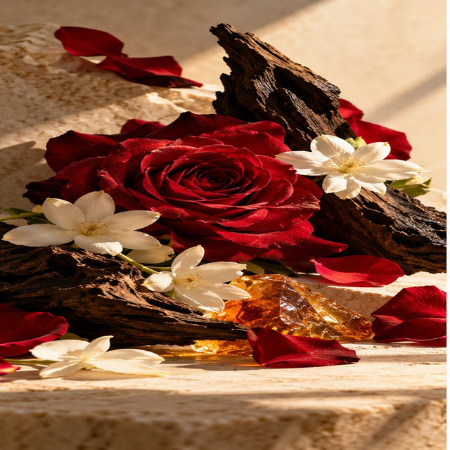 RichandLuxe editorial portrait of fragrance materials: roses, white flowers, warm woods and amber for Dominique Ropion