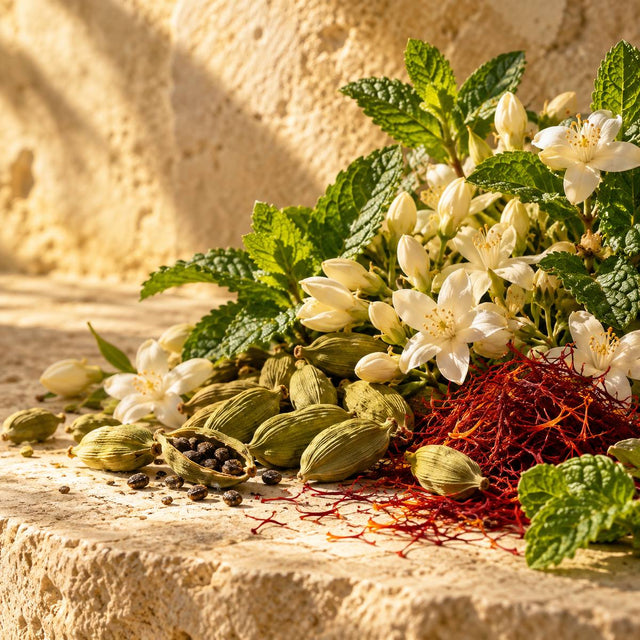 Fady Adwan — original RichandLuxe perfumer editorial still-life on warm ivory stone