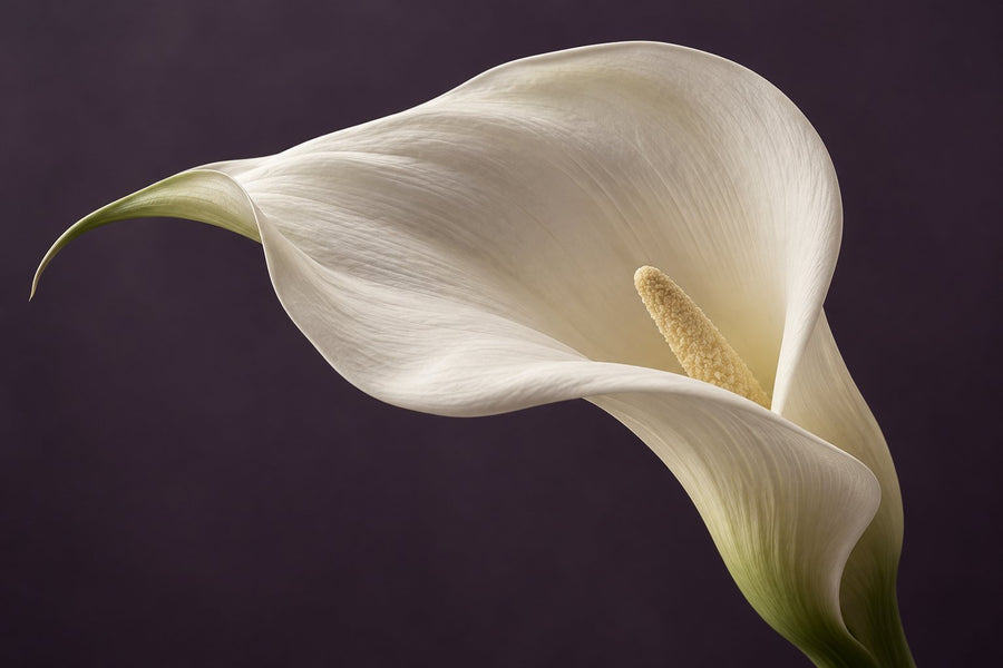 Sculptural ivory calla lily against a muted plum-grey background