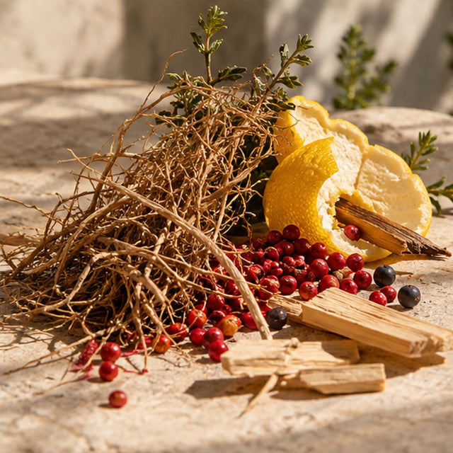 Citrus peel, vetiver roots, wood and peppercorns against warm limestone