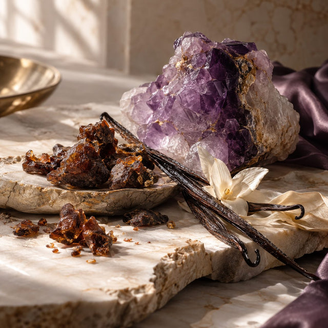 Editorial artwork for Alexander Lee: dark myrrh resin, vanilla pods and translucent amethyst mineral on pale stone, a restrained violet glow.