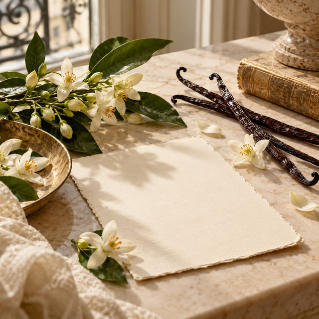 Editorial artwork for Alexandra Carlin: orange blossom, vanilla pods and a blank cream manuscript on a pale Parisian stone table.