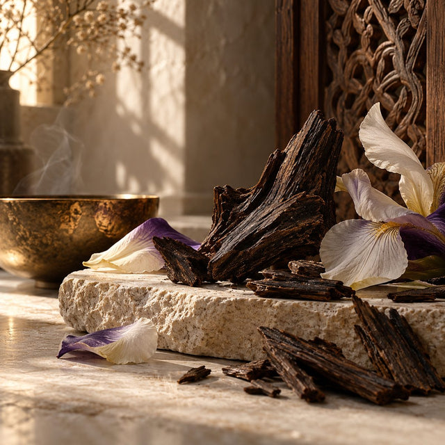 Editorial artwork for Alexandre Illan: carved warm wood, oud-like dark chips and iris petals on limestone, sculptural intimate atmosphere.