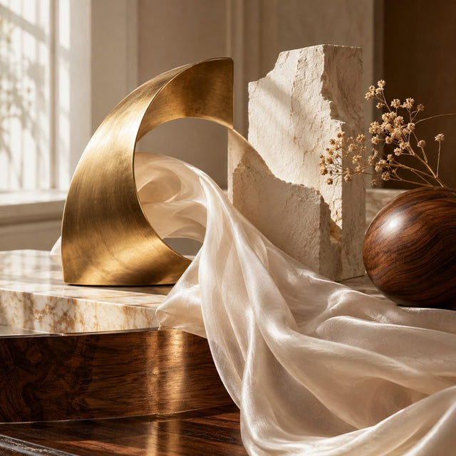 Editorial artwork for Alexandre J: a sculptural art deco curved brass form, ivory plaster, soft musk-like silk and warm polished wood.
