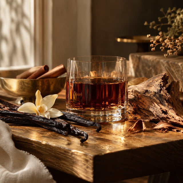 Editorial artwork for Amandine Galliano: dark rum-toned liquid in an unlabeled glass, vanilla, cinnamon and cedar on golden oak.