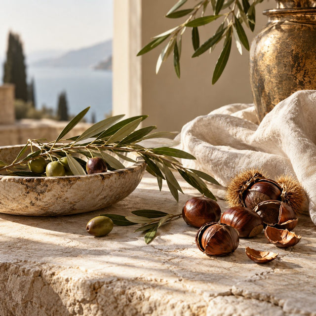 Editorial artwork for Amandine Marie: olive branches and chestnuts on pale Italian stone with soft linen.