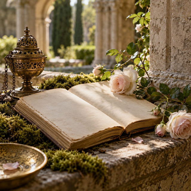 Editorial artwork for Anaïs Biguine: an old blank open book, moss, an incense censer without smoke and a rose branch, monastic garden mood.