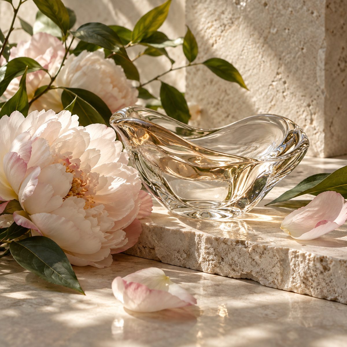 Editorial artwork for Ane Ayo: soft peony petals and green leaves around a clear sculptural glass on pale limestone.