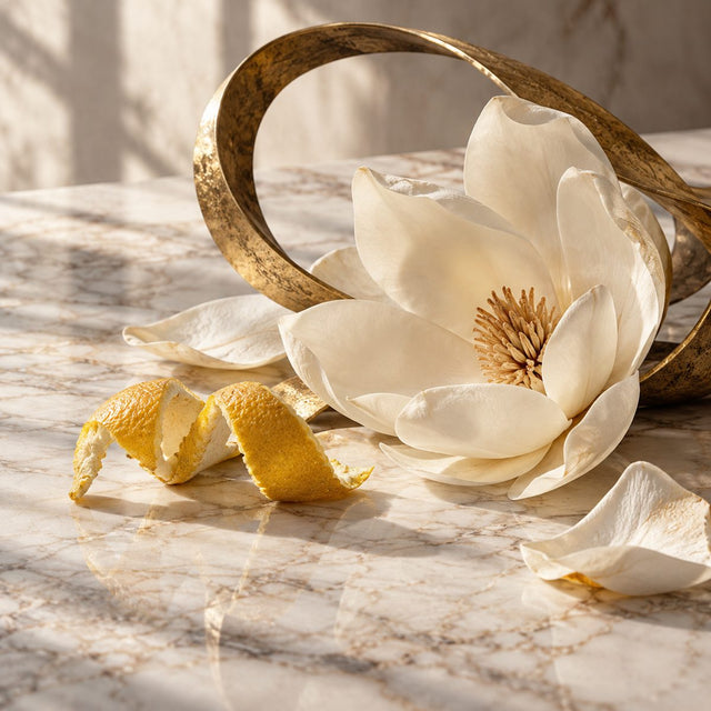 Editorial artwork for Angela Stavrevska: lemon peel, magnolia petals and a restrained antique gold sculptural loop on pale marble.