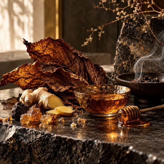 Editorial artwork for Anne-Cécile Douveghan: tobacco leaves, honey-colored glass, ginger and incense resin on dark stone.