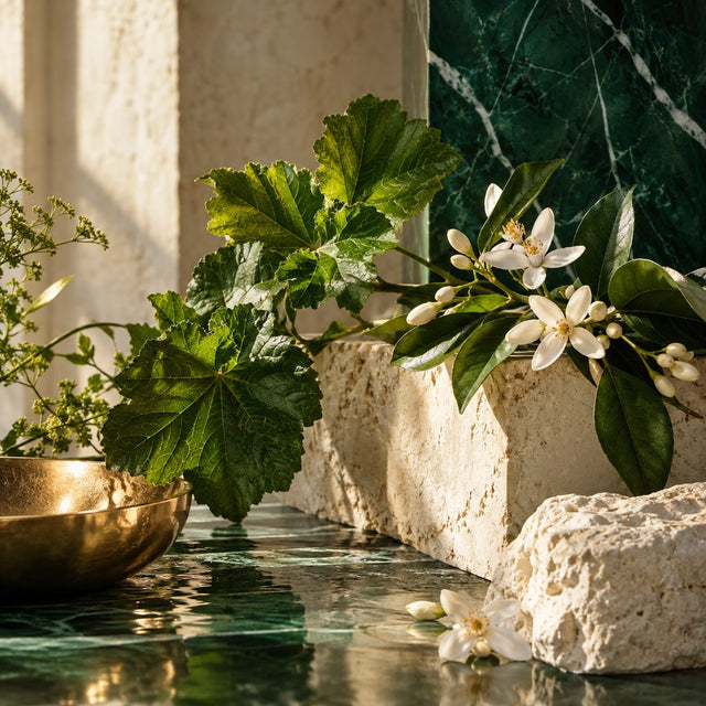 Editorial artwork for Anne Flipo: lush green galbanum-like leaves and orange blossoms against sculptural emerald and pale limestone.