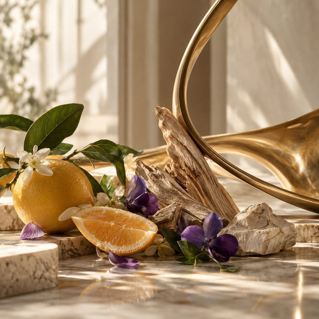Editorial artwork for Anne-Sophie Behaghel: aromatic citrus, pale woods and violet petals beside a curved abstract musical brass shape.
