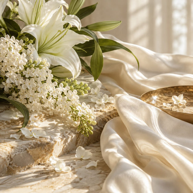 Editorial artwork for Annie Buzantian: white lilac petals, lily leaves and pale ivory silk in refined luminous daylight.