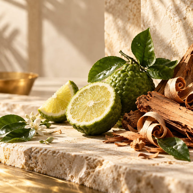Editorial artwork for Antoine Maisondieu: bergamot halves and cedar curls with fresh green leaves on sunlit cream stone.