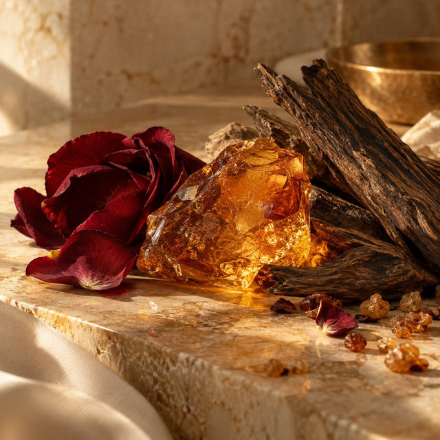 Editorial artwork for Antonio Visconti: warm amber resin, a deep rose petal and oud-like woods on gold-toned Italian stone.
