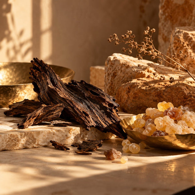 Editorial artwork for Arturetto Landi: dark oud chips, frankincense resin and ochre desert stones in warm amber light.