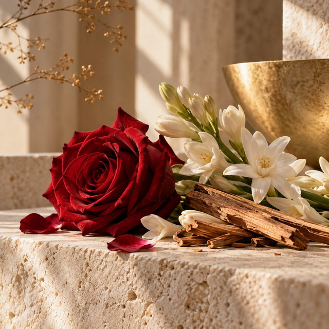 Editorial artwork for Aurélien Guichard: a rich crimson rose, fresh tuberose and sandalwood on a minimalist natural limestone ledge.