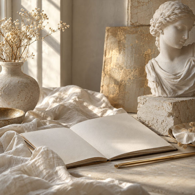 Editorial artwork for Ben Gorham: a minimalist art studio vignette of blank sketchbook, cotton textile and warm white plaster sculpture.