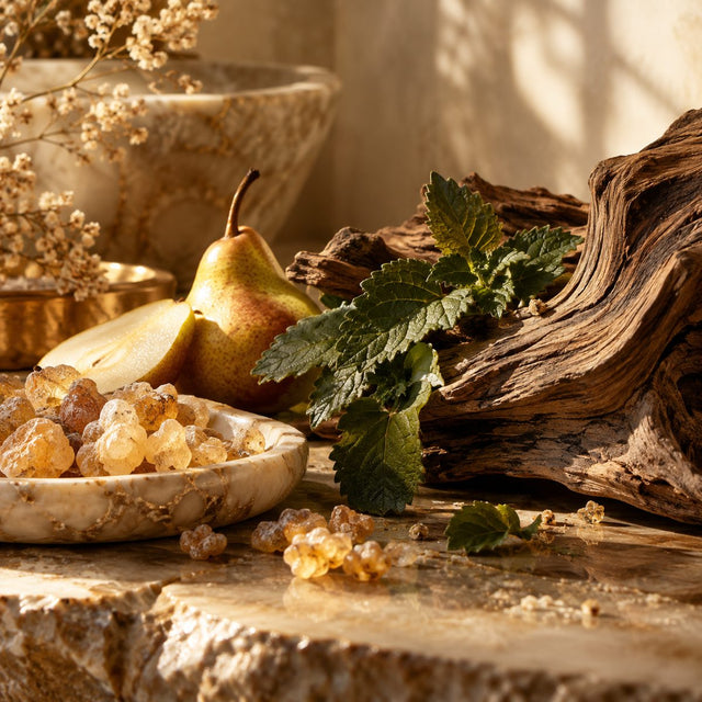 Editorial artwork for Bertrand Duchaufour: frankincense resin, pear skin, patchouli leaves and weathered carved wood, deep golden light.