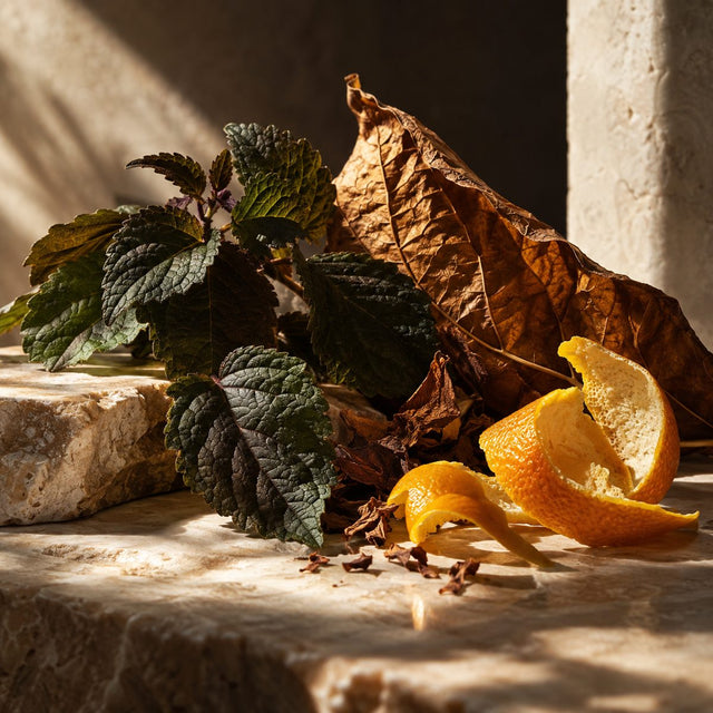 Editorial artwork for Bruno Jovanovic: dark patchouli leaves, tobacco leaf and bright citrus peel on cream stone with bold contrasting shadow.