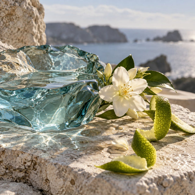 Editorial artwork for Camille Chemardin: sea-blue glass, a jasmine blossom and lime peel on pale Breton coastal stone.