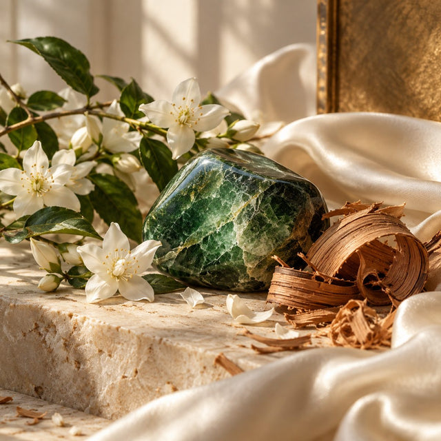 Editorial artwork for Camille Leguay: a polished green mineral, jasmine flowers and cedar curls with warm ivory silk.