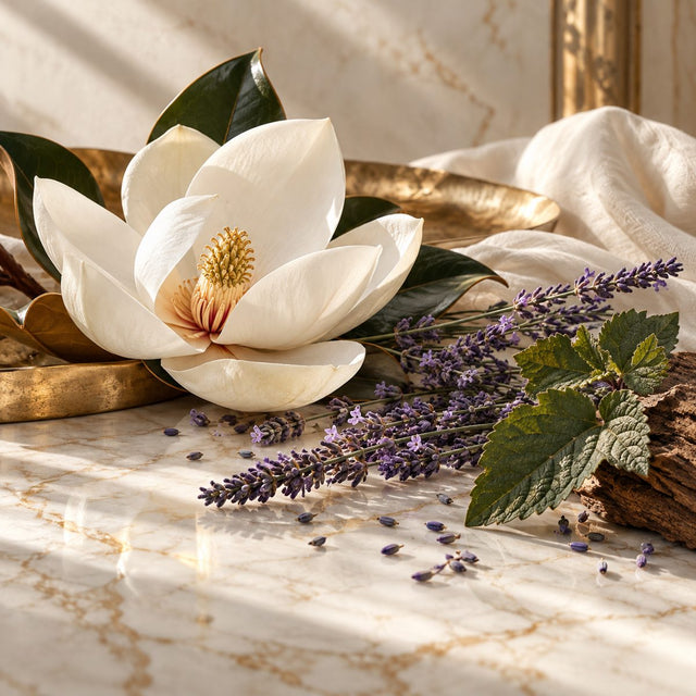 Editorial artwork for Carlos Benaïm: a fresh magnolia blossom, lavender sprigs and warm patchouli leaves on pale marble.