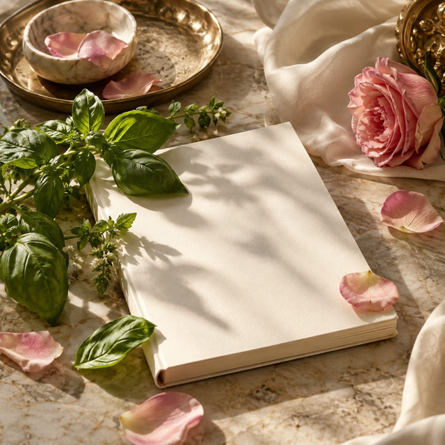Editorial artwork for Caroline Dumur: green basil sprigs, rose petals and a blank ivory artist notebook with modern soft shadows.