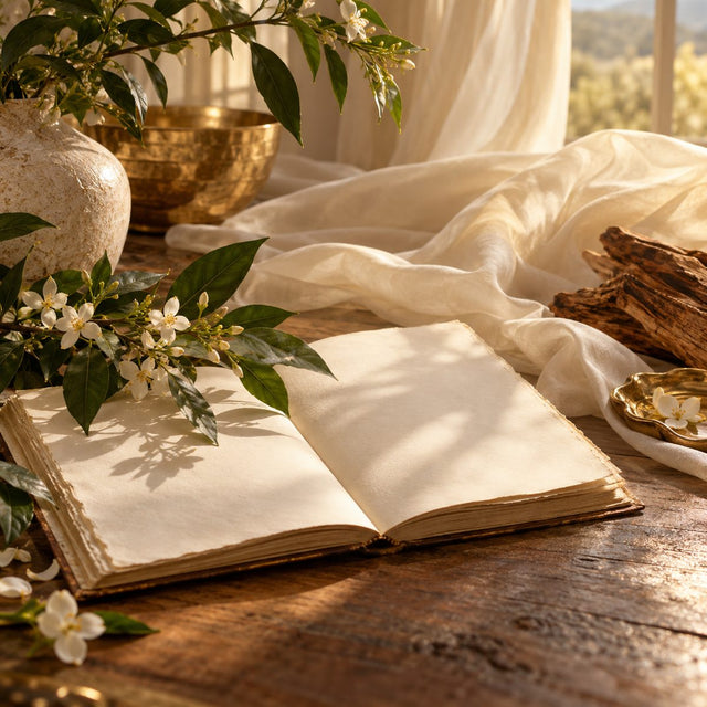 Editorial artwork for Céline Barel: a blank manuscript with a fragrant green branch, warm cedar and ivory drapery; literary dream atmosphere.