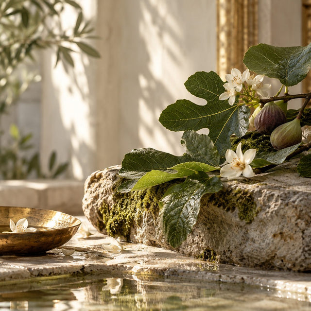 Editorial artwork for Céline Ellena: fig leaves, white blossoms and mossy stone under delicate garden light.