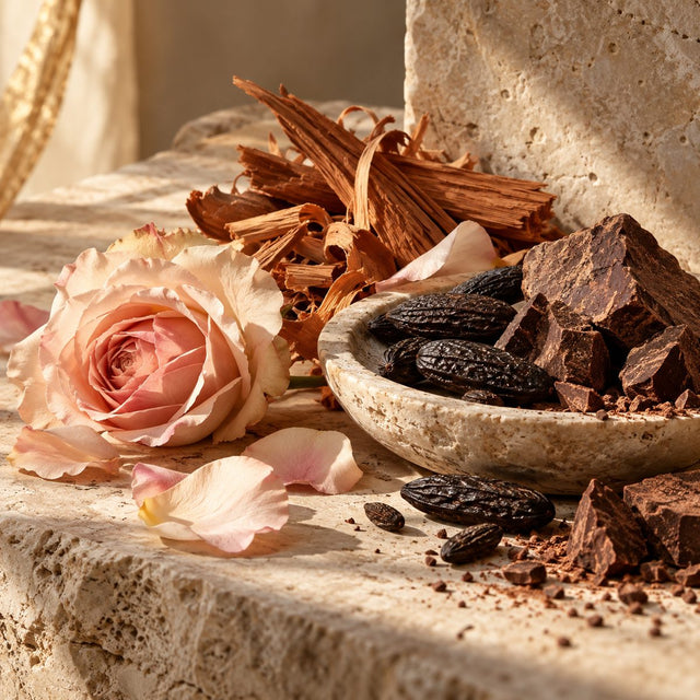 Editorial artwork for Céline Perdriel: rose petals, cedar shavings, tonka beans and rich raw cacao on limestone, material-focused still life.