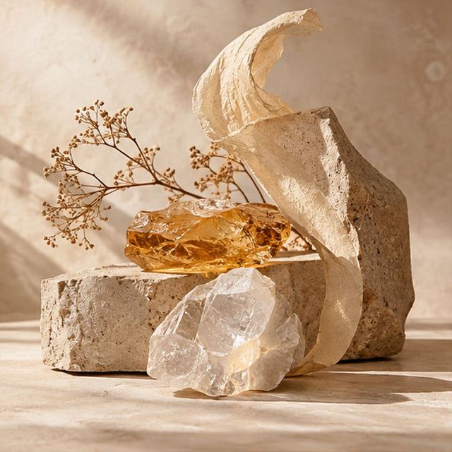 Sculptural pale stone, amber and crystal in a softly lit editorial still life