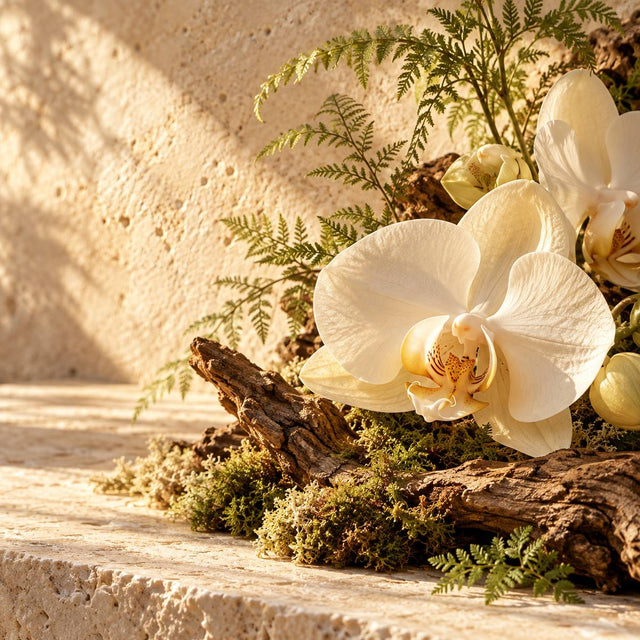 Ellen Covey — original RichandLuxe perfumer editorial still-life on warm ivory stone