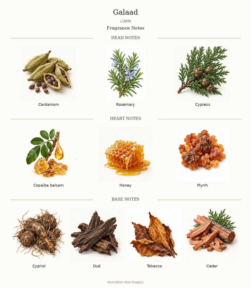 Galaad by LUBIN fragrance notes: Cardamom, Rosemary, Cypress, Copaiba balsam, Honey, Myrrh, Cypriol, Oud, Tobacco, Cedar