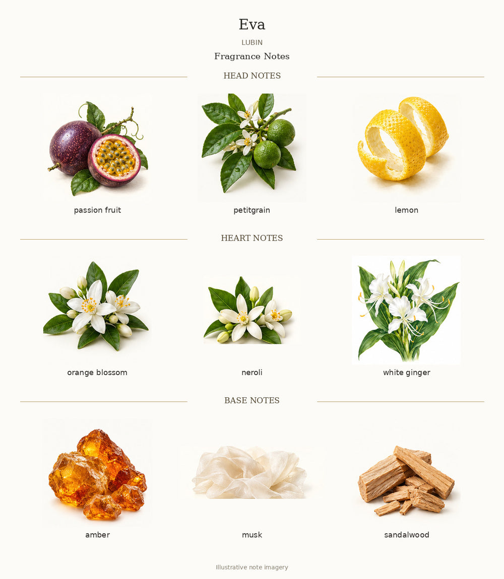 Eva by LUBIN fragrance notes: passion fruit, petitgrain, lemon, orange blossom, neroli, white ginger, amber, musk, sandalwood