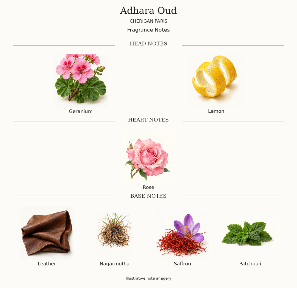 ADHARA OUD by CHERIGAN PARIS complete disclosed fragrance notes chart with illustrative ingredient imagery