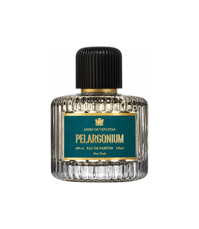 AEDES DE VENUSTAS PELARGONIUM — authentic full fragrance bottle on pure white