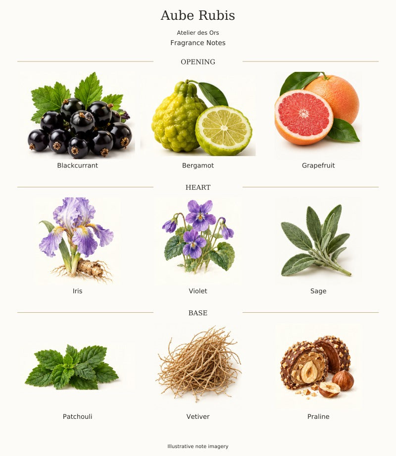 Aube Rubis by Atelier des Ors — complete fragrance notes, illustrative artwork