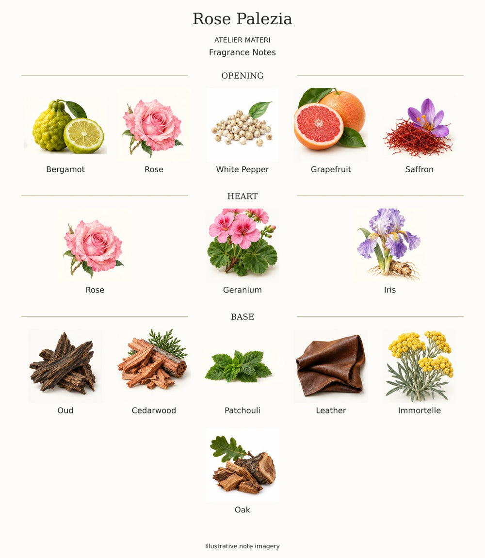 Complete Rose Palezia notes: bergamot, rose, white pepper, grapefruit, saffron; rose, geranium, iris; oud, cedarwood, patchouli, leather, immortelle and oak