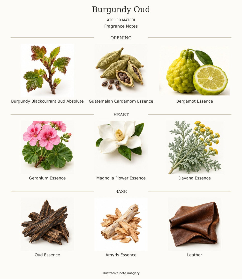 All opening, heart and base notes for Burgundy Oud by Atelier Materi, with illustrative ingredient imagery