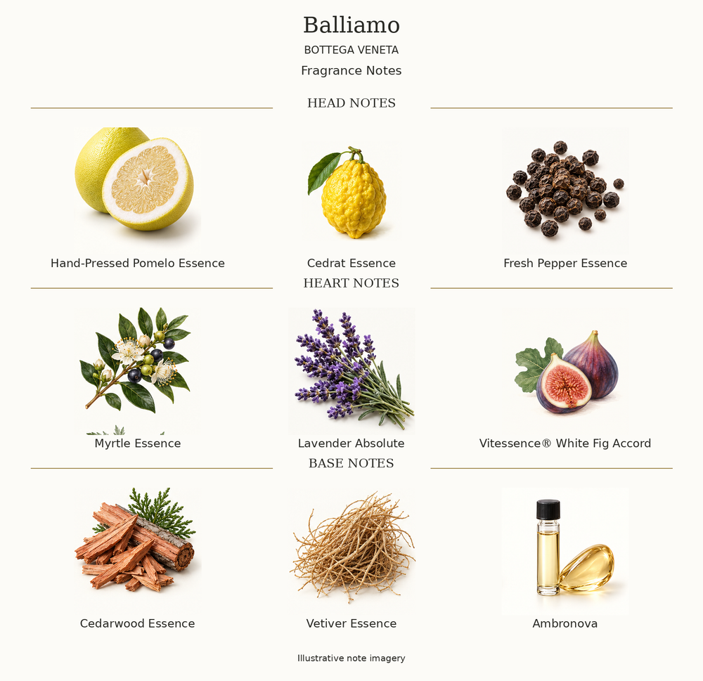 BALLIAMO by BOTTEGA VENETA complete disclosed fragrance notes chart with illustrative ingredient imagery