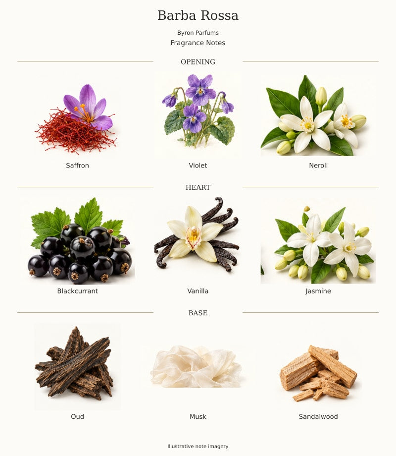 BARBA ROSSA — complete fragrance notes, illustrative artwork